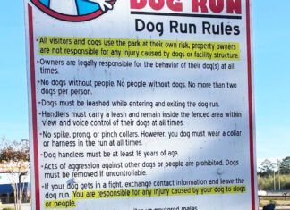 Dog park rules are often listed on signs like the one displayed here.